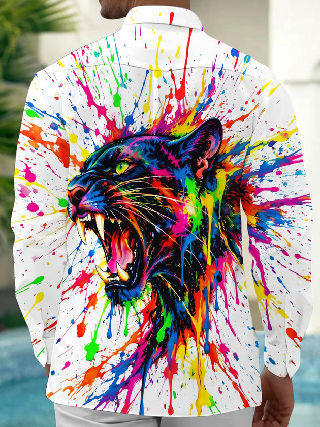Adaychic Men's Graphic Colorful Paint Splatter Panther Print Long Sleeve Shirt with Chest Pocket