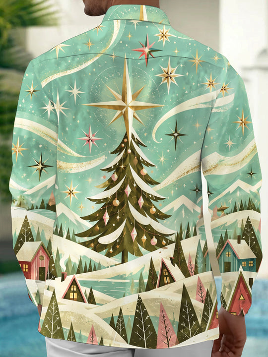 Adaychic Men's Christmas Tree And Winter Landscape Print Long Sleeve Shirt with Chest Pocket