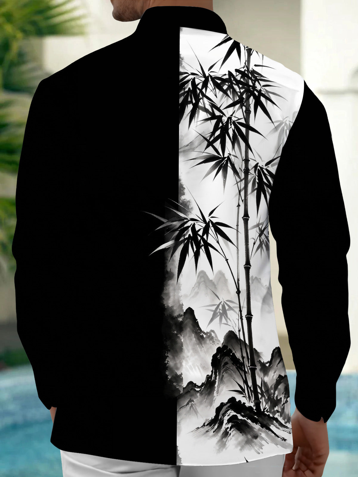 Adaychic Men's Ink Painting Bamboo And Mountains Print Long Sleeve Shirt with Chest Pocket