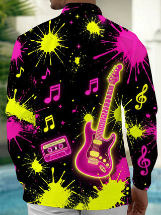 Adaychic Men's Neon Electric Guitar And Music Notes Print Long Sleeve Shirt with Chest Pocket