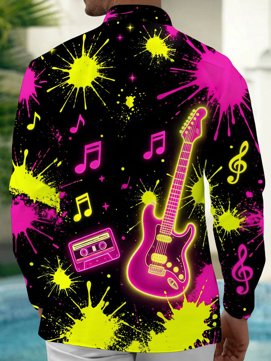 Adaychic Men's Neon Electric Guitar And Music Notes Print Long Sleeve Shirt with Chest Pocket