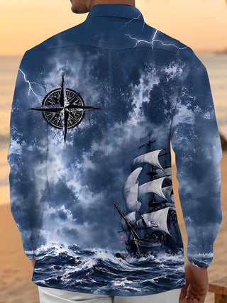 Adaychic Men's Vintage Style Sailing Ship Print Long Sleeve Shirt with Chest Pocket