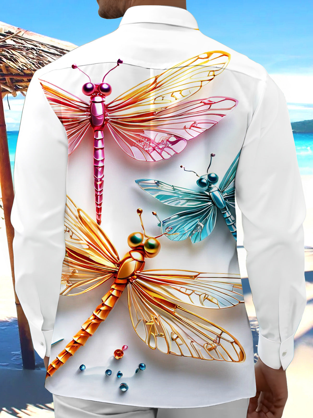 Adaychic Men's Graphic Metallic Dragonflies Print Long Sleeve Shirt with Chest Pocket
