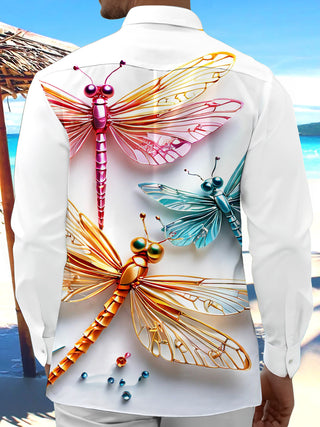 Adaychic Men's Graphic Metallic Dragonflies Print Long Sleeve Shirt with Chest Pocket