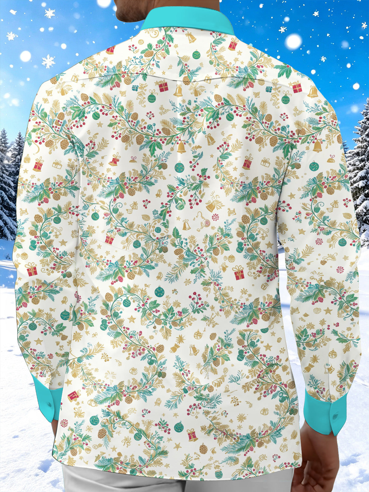 Adaychic Men's Christmas Pine Branches And Gift Boxes Print Long Sleeve Shirt with Chest Pocket
