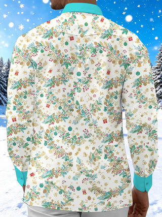 Adaychic Men's Christmas Pine Branches And Gift Boxes Print Long Sleeve Shirt with Chest Pocket