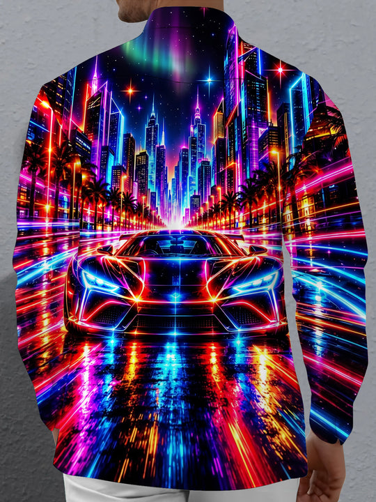 Adaychic Men's Graphic Neon Sports Car And City Skyline Print Long Sleeve Shirt with Chest Pocket
