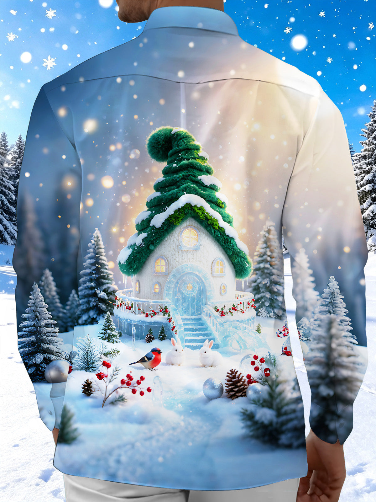 Adaychic Men's Long Sleeve Shirt - Winter Cabin With Snowy Christmas Tree Roof Print with Chest Pocket