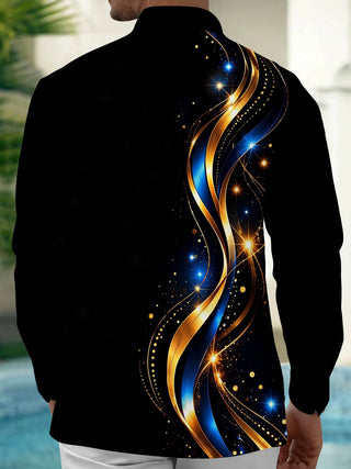 Adaychic Men's Graphic Lion Head Print Golden Waves Print Long Sleeve Shirt with Chest Pocket