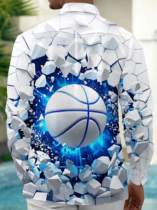 Adaychic Men's Graphic 3D Basketball Shattering Wall Print Long Sleeve Shirt with Chest Pocket