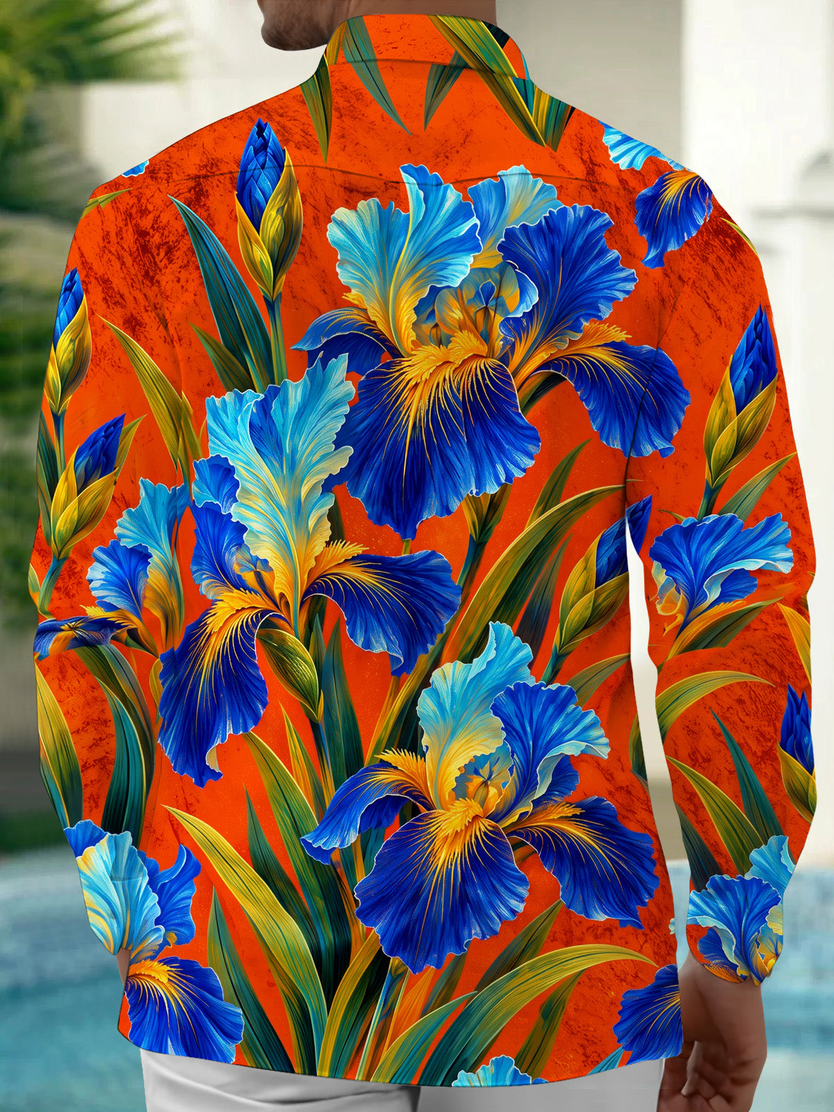 Adaychic Men's Blue Iris Flowers And Green Leaves Print Long Sleeve Shirt with Chest Pocket