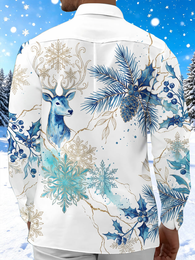 Adaychic Men's Graphic Watercolor Snowflake Print Long Sleeve Shirt with Chest Pocket