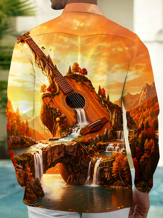 Adaychic Men's Graphic Guitar Landscape Print Long Sleeve Shirt with Chest Pocket