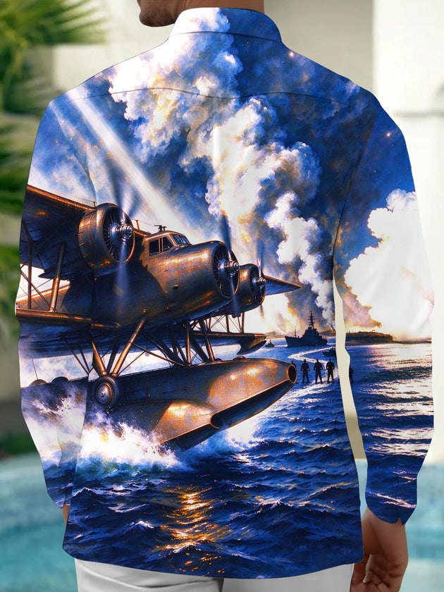 Adaychic Men's Vintage Seaplane And Naval Battle Scene Print Long Sleeve Shirt with Chest Pocket