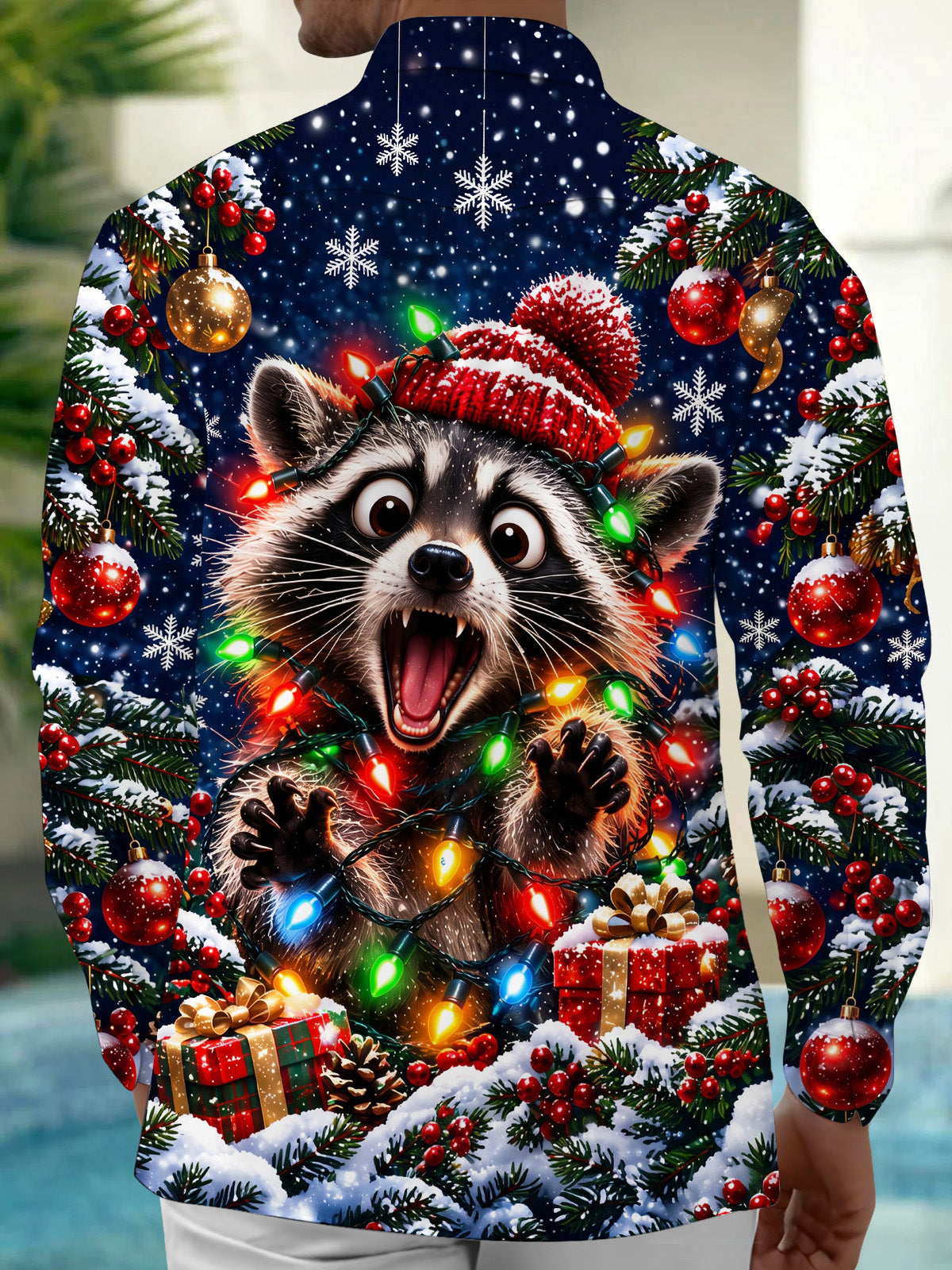 Adaychic Men's Raccoon With Christmas Lights And Hat Print Long Sleeve Shirt with Chest Pocket