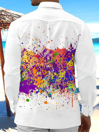 Adaychic Men's Printed Colorful Splashing Ink Print Long Sleeve Shirt with Chest Pocket