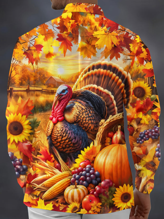 Adaychic Men's Long Sleeve Shirt - Thanksgiving Turkey And Harvest Cornucopia Print with Chest Pocket