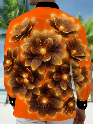 Adaychic Men's Hawaiian Glowing Golden Floral Pattern Long Sleeve Shirt with Chest Pocket