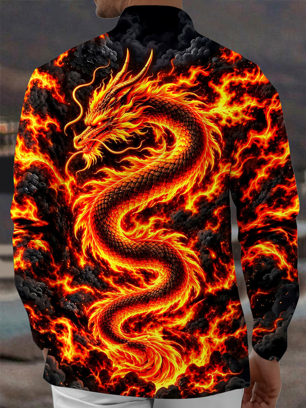 Adaychic Men's Graphic Flame Dragon Print Long Sleeve Shirt with Chest Pocket