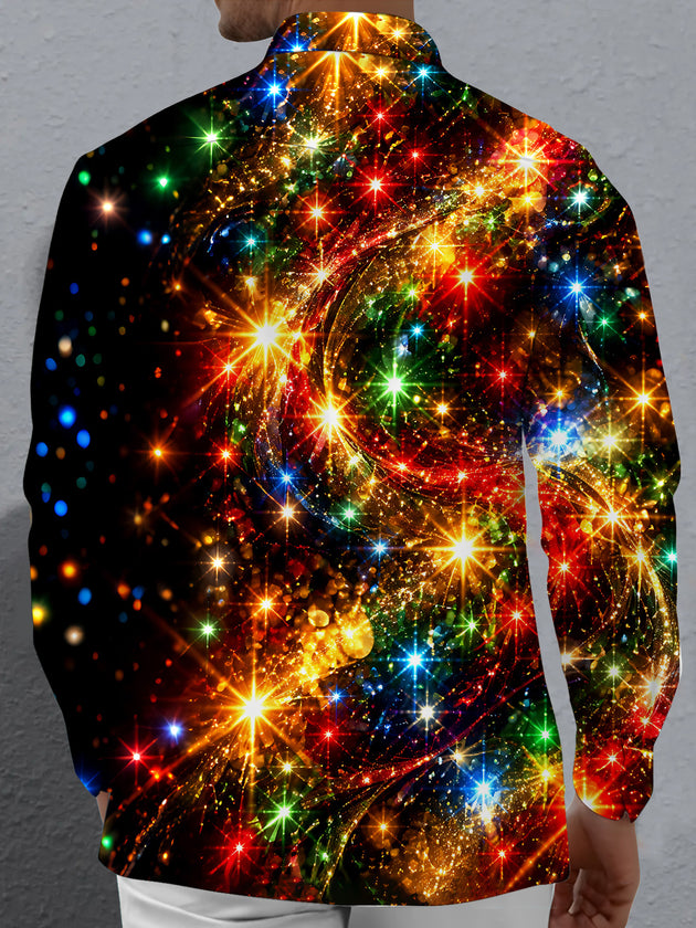 Adaychic Men's Printed Colorful Starburst Lights Print Long Sleeve Shirt with Chest Pocket