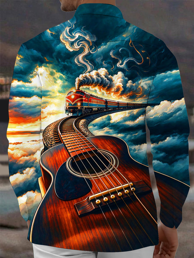Adaychic Men's Graphic Guitar And Steam Train Print Long Sleeve Shirt with Chest Pocket