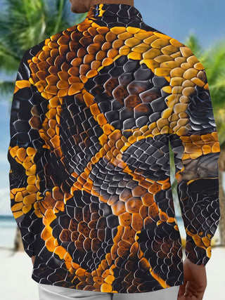 Adaychic Men's Printed Snake Scale Texture Print Long Sleeve Shirt with Chest Pocket