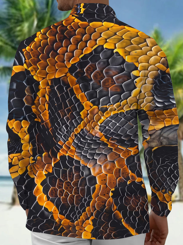 Adaychic Men's Printed Snake Scale Texture Print Long Sleeve Shirt with Chest Pocket