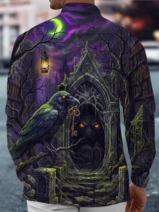 Adaychic Men's Graphic Gothic Castle Raven Secret Key Print Long Sleeve Shirt with Chest Pocket