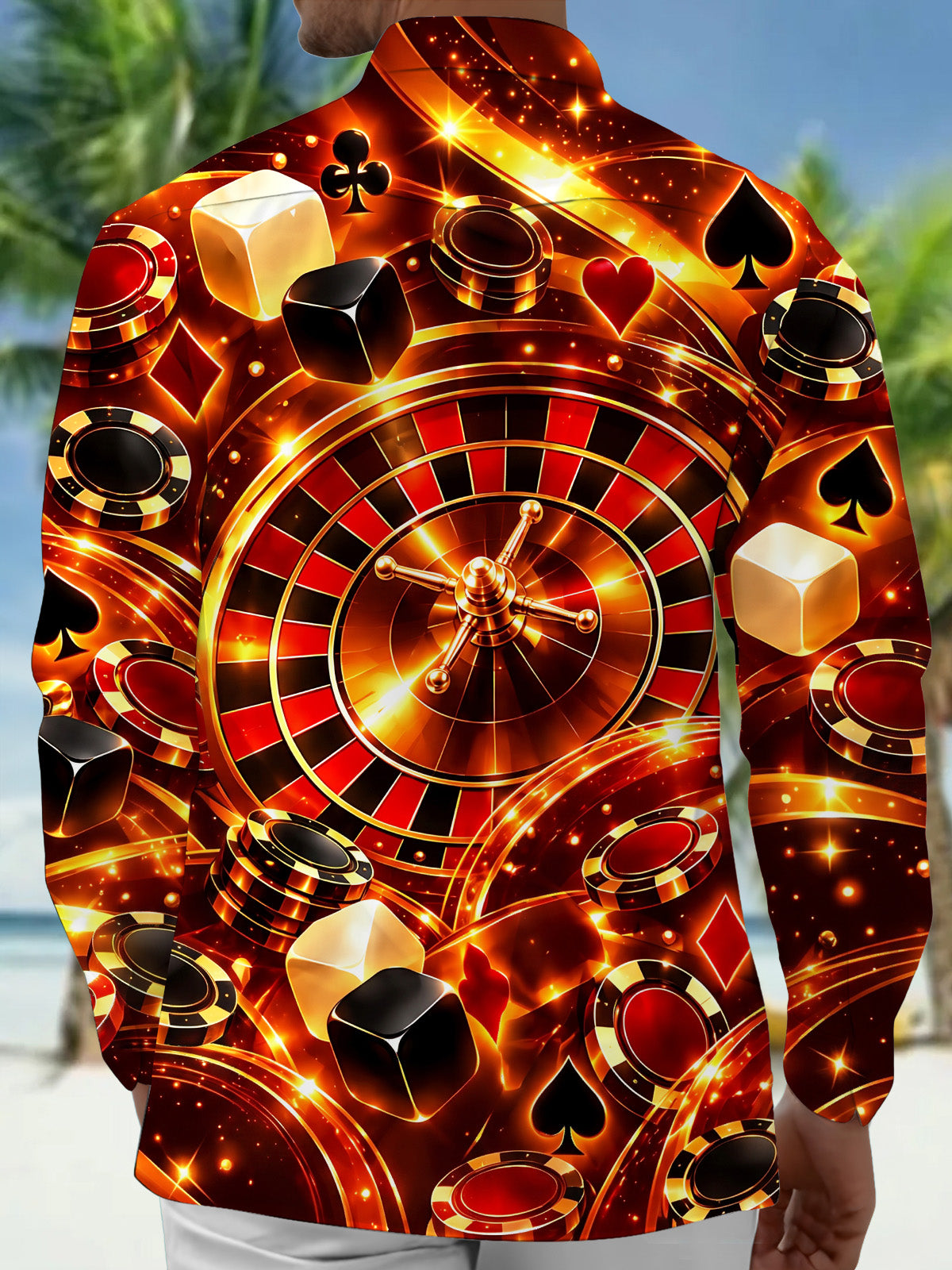 Adaychic Men's Roulette Wheel And Casino Elements Print Long Sleeve Shirt with Chest Pocket