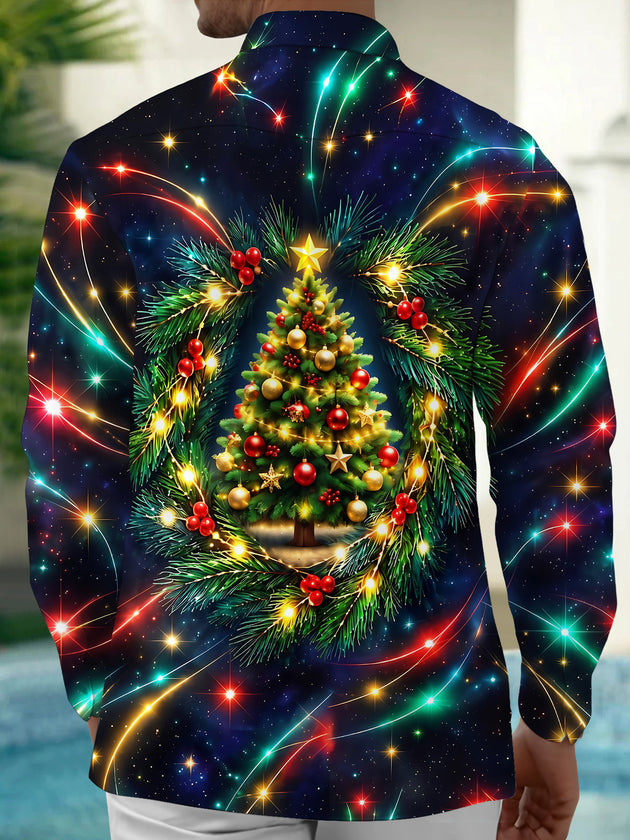 Adaychic Men's Long Sleeve Shirt - Christmas Tree With Ornaments And Pine Branches Print with Chest Pocket