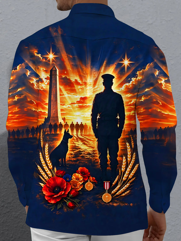 Adaychic Men's Graphic Veteran Silhouette And Monument Print Long Sleeve Shirt with Chest Pocket
