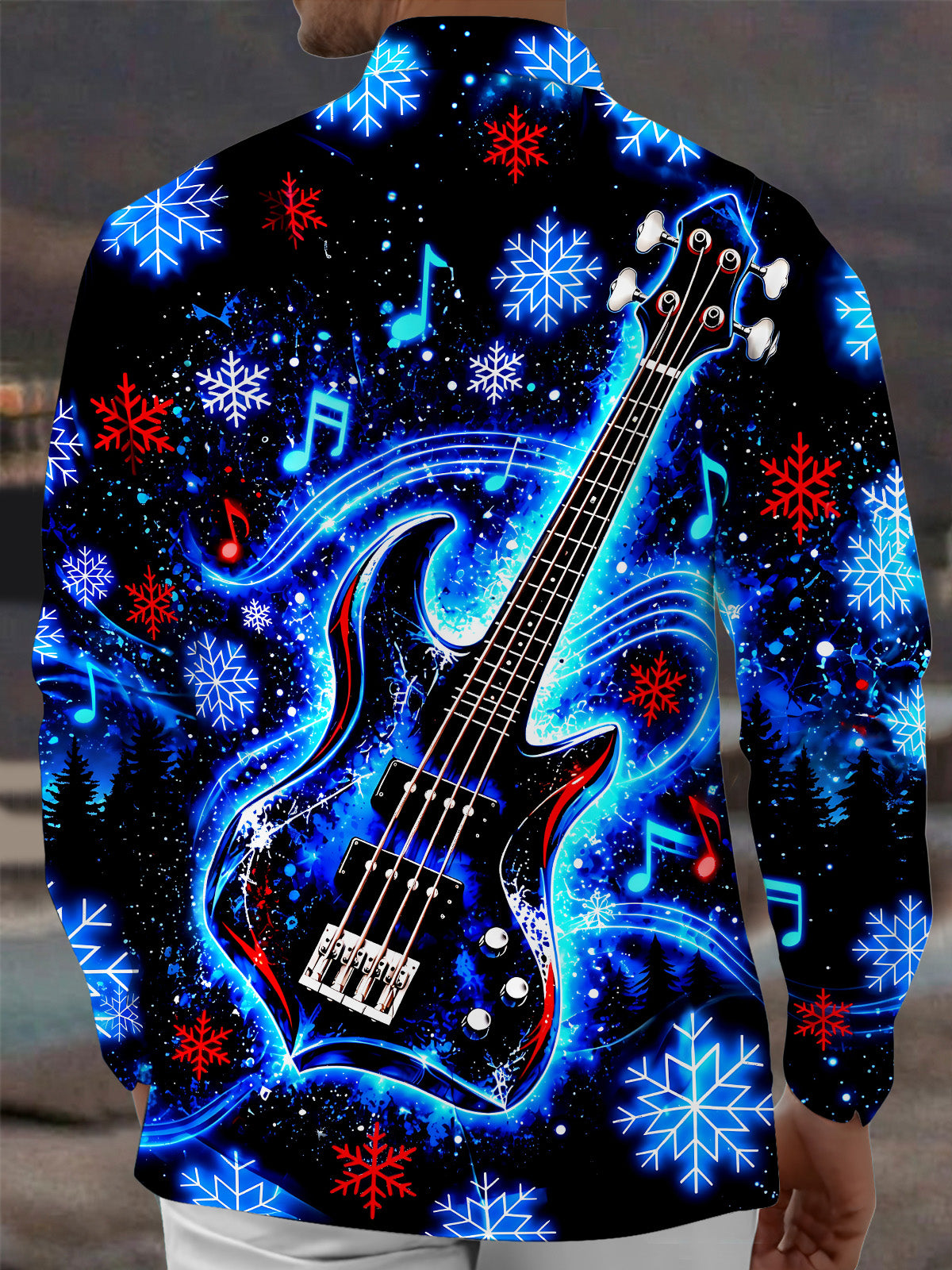 Adaychic Men's Graphic Electric Blue Bass Guitar Print Long Sleeve Shirt with Chest Pocket