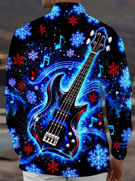 Adaychic Men's Graphic Electric Blue Bass Guitar Print Long Sleeve Shirt with Chest Pocket