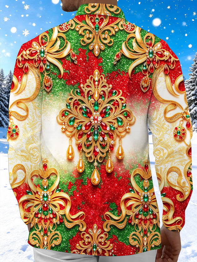Adaychic Men's Long Sleeve Shirt - Christmas Gold Ornate Jewelry And Gemstone Mandala Print with Chest Pocket