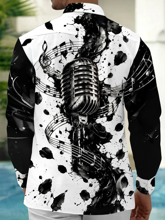 Adaychic Men's Vintage Microphone And Musical Notes Print Long Sleeve Shirt with Chest Pocket