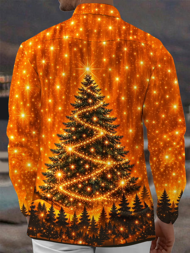 Adaychic Men's Christmas Tree With Sparkling Lights Print Long Sleeve Shirt with Chest Pocket