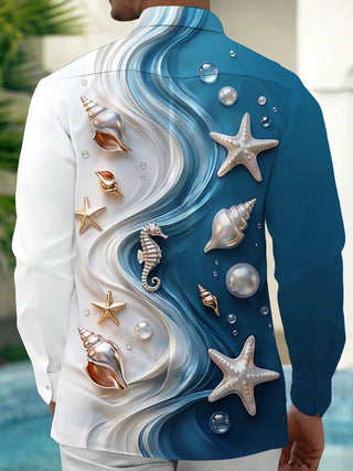 Adaychic Men's Sea Shells Starfish And Seahorse Print Long Sleeve Shirt with Chest Pocket