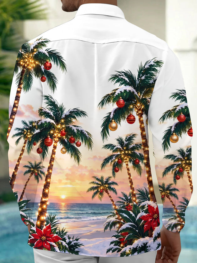 Adaychic Men's Long Sleeve Shirt - Palm Trees With Christmas Ornaments And Lights Print with Chest Pocket