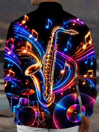 Adaychic Men's Graphic Neon Saxophone And Musical Notes Print Long Sleeve Shirt with Chest Pocket