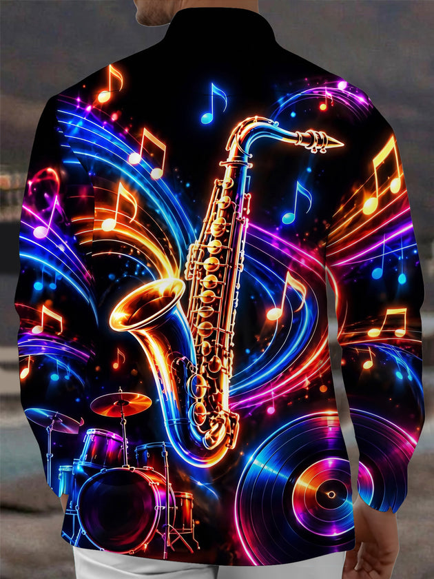 Adaychic Men's Graphic Neon Saxophone And Musical Notes Print Long Sleeve Shirt with Chest Pocket