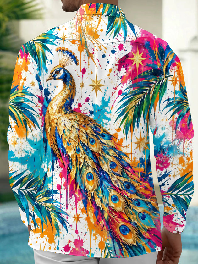 Adaychic Men's Hawaiian Peacock And Palm Leaves Print Long Sleeve Shirt with Chest Pocket