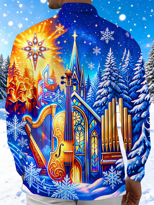 Adaychic Men's Long Sleeve Shirt - Christmas Stained Glass Church And Musical Instruments Print with Chest Pocket