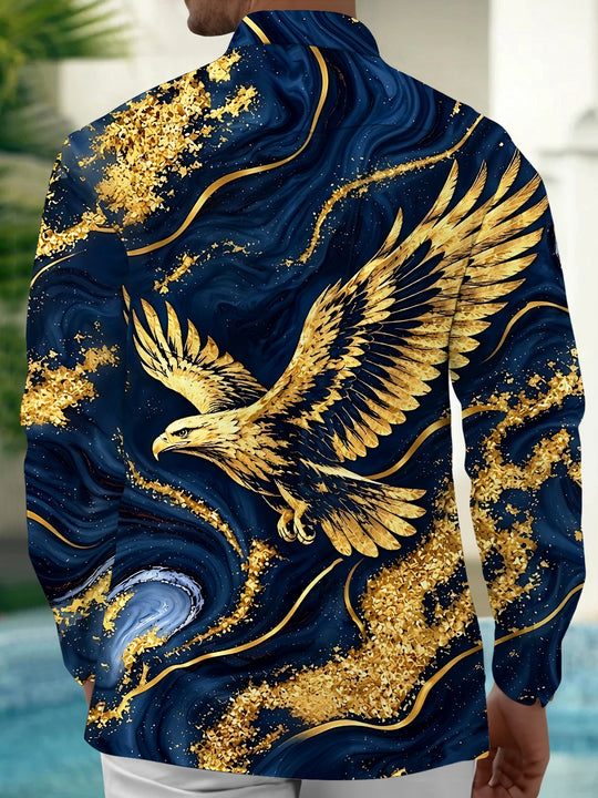 Adaychic Men's Graphic Abstract Golden Eagle Print Long Sleeve Shirt with Chest Pocket