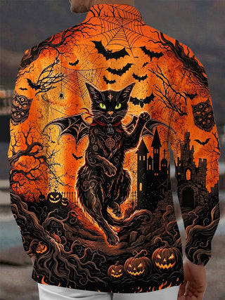 Adaychic Men's Halloween Black Cat With Bats And Castle Print Long Sleeve Shirt with Chest Pocket