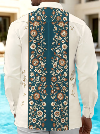 Adaychic Men's Vintage Style Vintage Floral Vine Pattern Long Sleeve Shirt with Chest Pocket