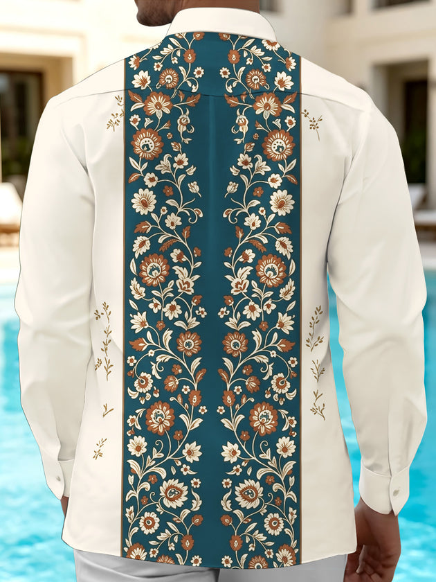 Adaychic Men's Vintage Style Vintage Floral Vine Pattern Long Sleeve Shirt with Chest Pocket