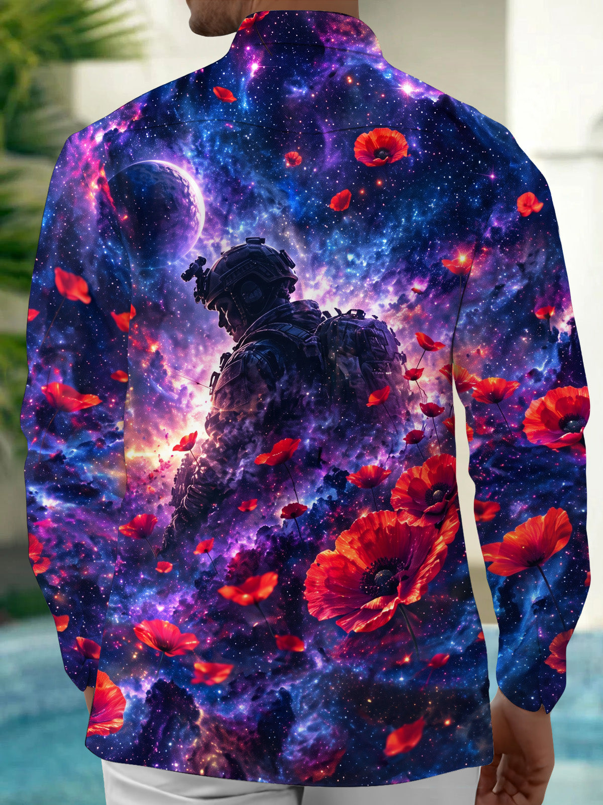 Adaychic Men's Long Sleeve Shirt - Soldier Silhouette And Red Poppies Against Galaxy Background Print with Chest Pocket