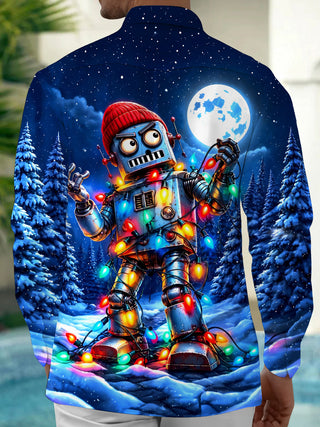 Adaychic Men's Long Sleeve Shirt - Robot With Christmas Lights And Winter Scene Print with Chest Pocket
