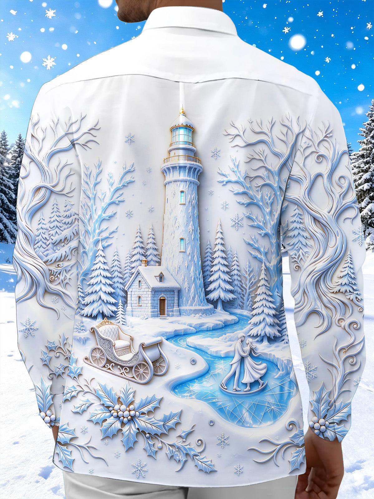 Adaychic Men's Long Sleeve Shirt - Christmas Winter Sleigh And Holly Print Winter Lighthouse And Ice Skating Couple Print with Chest Pocket