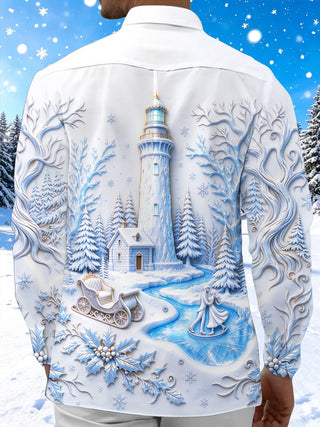 Adaychic Men's Long Sleeve Shirt - Christmas Winter Sleigh And Holly Print Winter Lighthouse And Ice Skating Couple Print with Chest Pocket